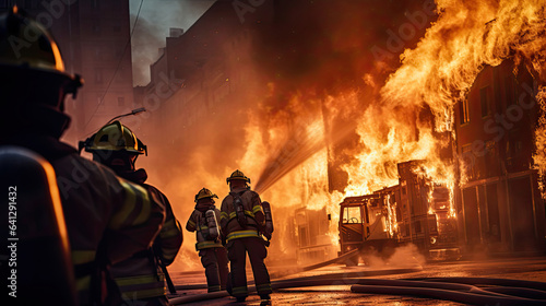 Firefighters battling a roaring blaze in a city