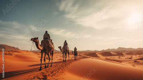 Nomads traversing a vast desert with camels