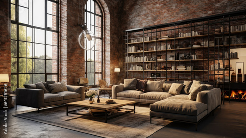 Dark loft living room with industrial style fireplace, large flo
