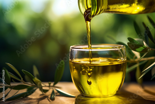 Stream of olive oil flows down on the background of an olive tree branch with leaves. Olive oil pouring from glass bottle. Generative AI