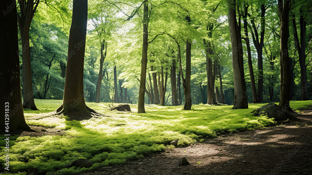 Fototapeta premium Tranquil forest glade with dappled sunlight filtering through trees