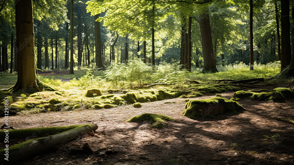 Obraz premium Tranquil forest glade with dappled sunlight filtering through trees