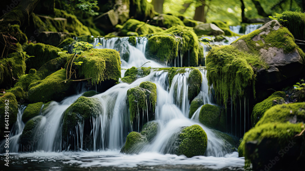 Serene waterfall cascading down moss-covered rocks Serene waterfall cascading down moss-covered rocks