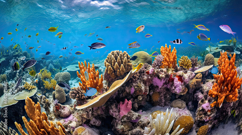 Vibrant coral reef teeming with colorful marine life