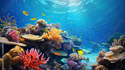 Vibrant coral reef teeming with colorful marine life © javier
