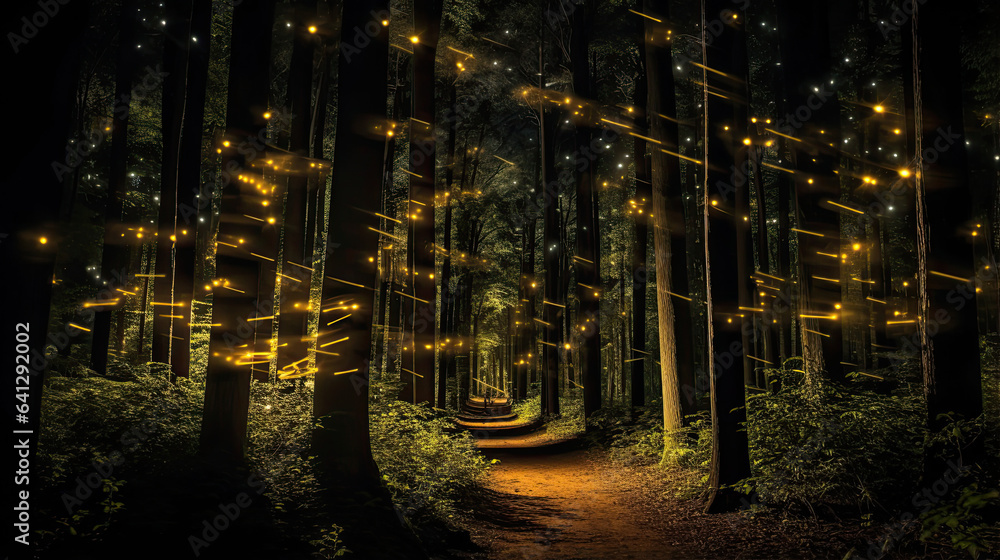 Enchanted forest illuminated by fireflies in the night