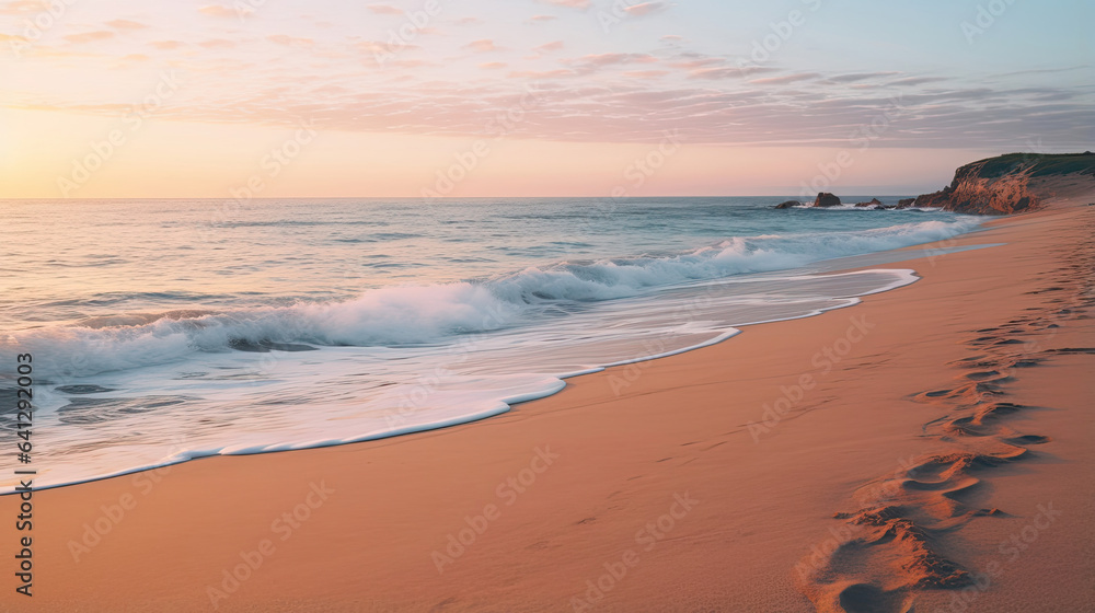 Tranquil beach at sunset with gentle waves lapping the shore