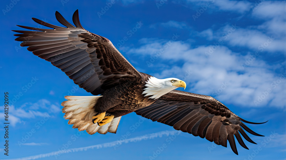 Majestic bald eagle soaring through a clear blue sky Majestic bald eagle soaring through a clear blue sky