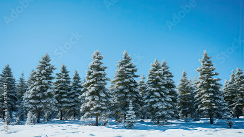 Snow-capped pine trees standing against a clear blue sky