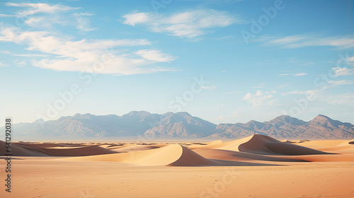 Pristine desert landscape with sand dunes and distant mountains