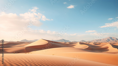 Pristine desert landscape with sand dunes and distant mountains