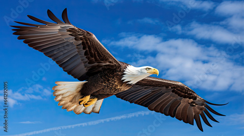 Majestic bald eagle soaring through a clear blue sky