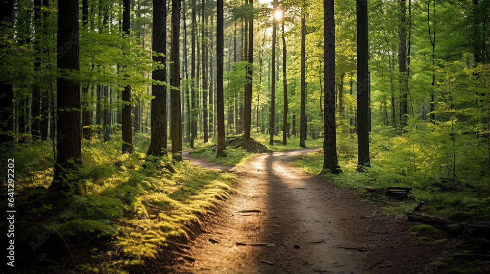 Obraz premium A serene path leading through a sunlit forest