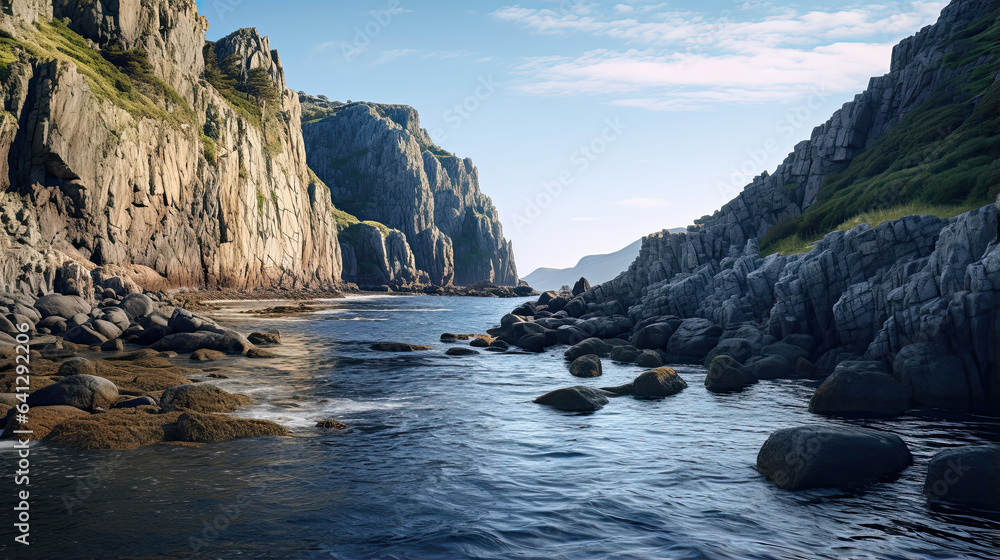 Serene coastal scene with calm waters and rocky cliffs