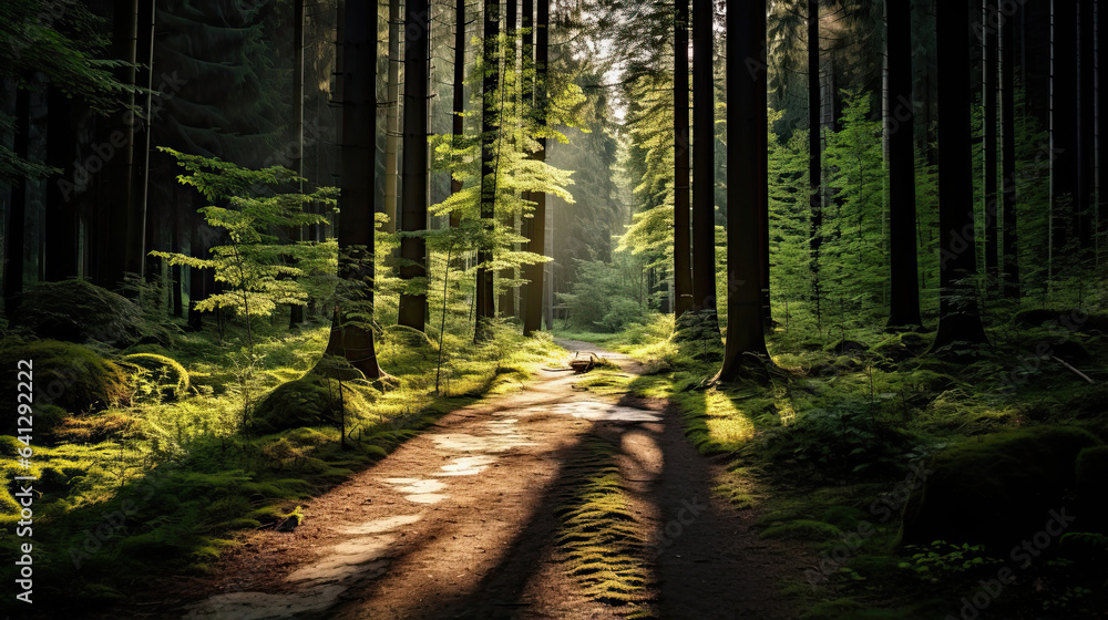 Obraz premium A serene path leading through a sunlit forest