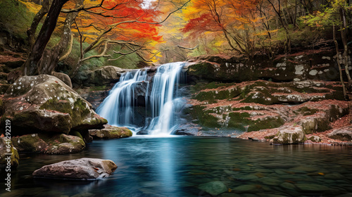 Majestic waterfall surrounded by vibrant autumn foliage © javier
