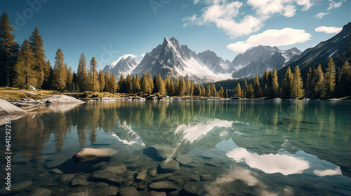 Crystal-clear mountain lake reflecting towering peaks