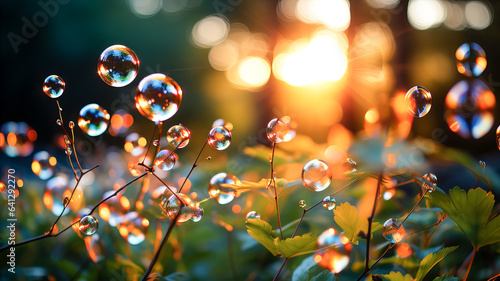 Transparent soap bubbles on plants and flowers, illuminated by the rays of the evening sun. Magic light, bokeh. Generative AI technology.
