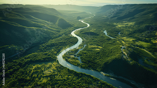 Aerial view of a winding river cutting through lush landscapes