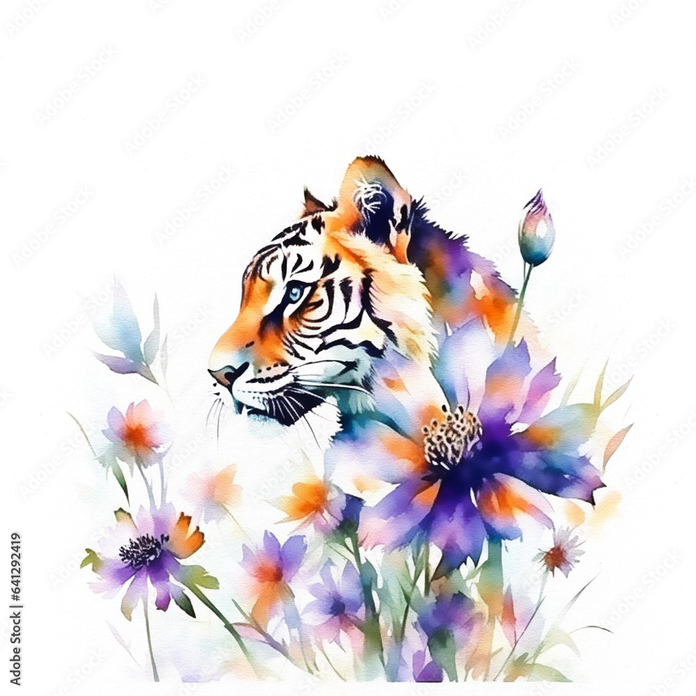 Obraz premium tiger head drawing, purple wildflowers, transparent watercolor style, white background