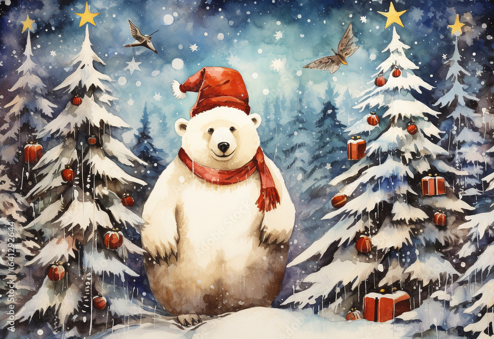 Vintage cartoon Christmas bear in a red scarf