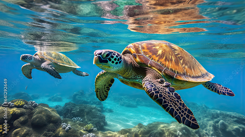 Obraz premium Serene sea turtles gracefully gliding through the crystal-blue ocean waters