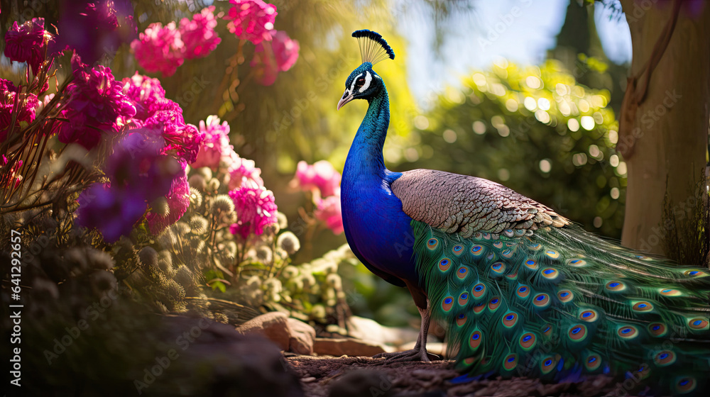 Captivating peacock displaying its vibrant plumage in a lush garden