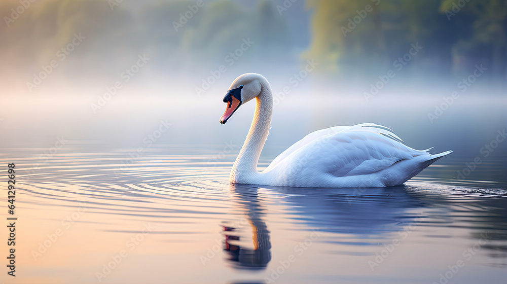 Fototapeta premium Elegant swan gliding gracefully across a serene lake at dawn