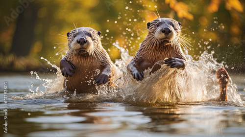 Playful otters sliding down a smooth riverbank in pure joy © javier