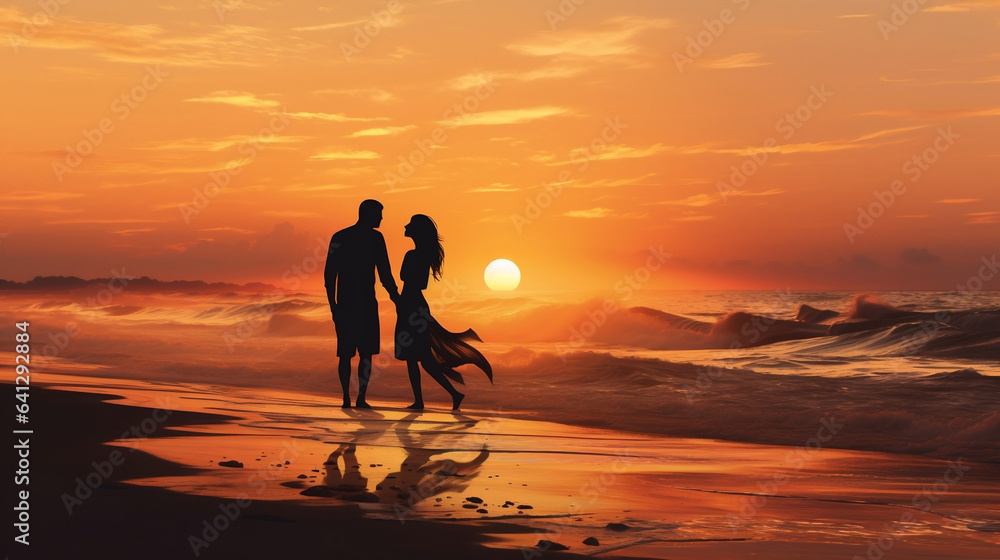 A man and a woman in love on the seashore meets the sunset