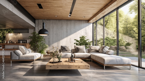 Stylish spacious living room with large panoramic windows. Desig