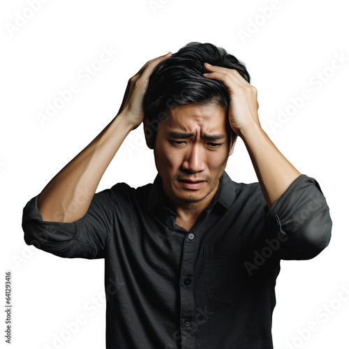 Asian man displaying pain on right side of his head photo