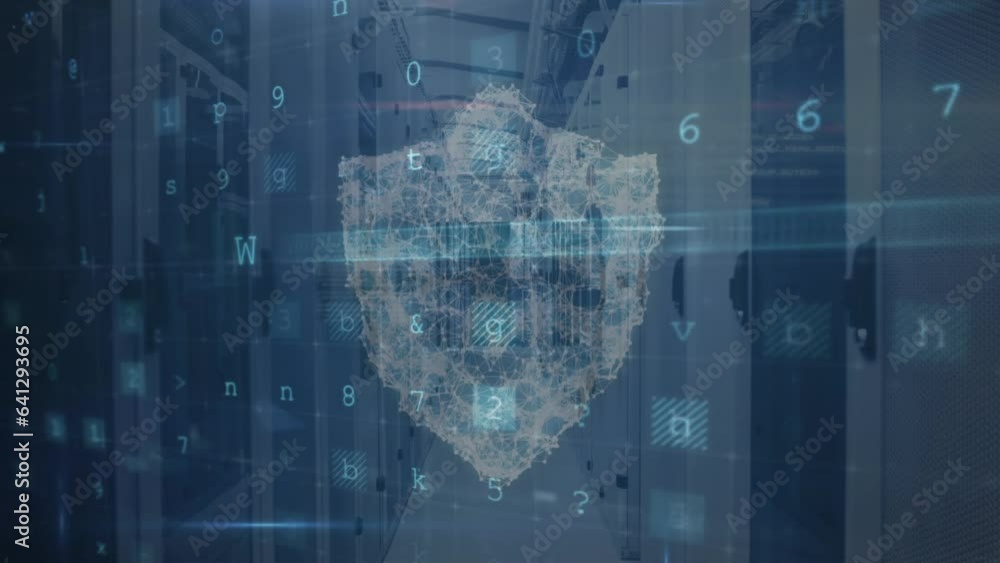 Animation of security shield icon and cyber security data processing against computer server room Animation of security shield icon and cyber security data processing against computer server room