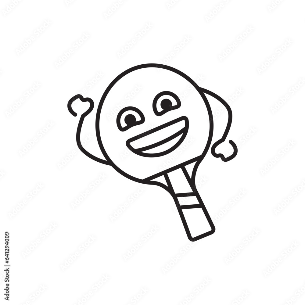 Funny cute happy ping-pong racket black line icon. Funny cute happy ping-pong racket black line icon.