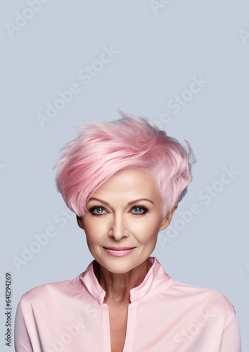 Elderly Women Portrait. Hairstylist. Pink Hair. AI Generative