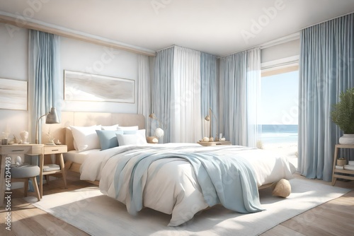  a 3D rendering of a small bedroom with a beachside theme.  © Areesha
