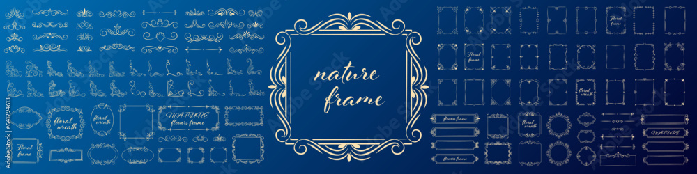 Set of gold vintage frame and corners icon. Vector illustration.