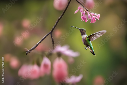 Wing dances, a splendid Hummingbird of the Trochilidae family among the flowers photo