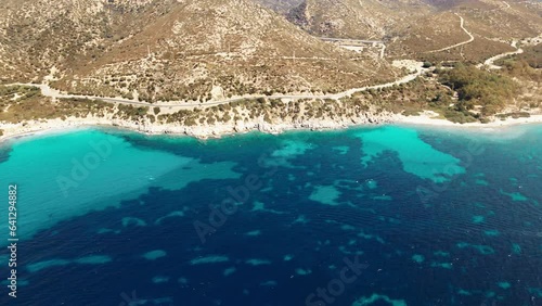 Panoramic view from above on the island of Sardinia in Italy and its clear turquoise sea with beautiful beaches