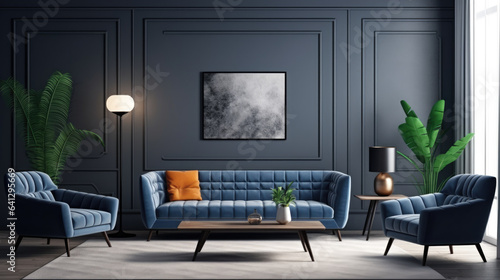 Modern living room with dark blue sofa  armchairs near the coffe