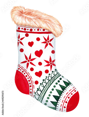 Watercolor New Year's drawing of a sock for gifts. Festive bright illustration. Hand drawing.