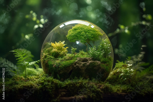 A crystal globe with a tree. Natural background. Sunny bright lighting. Photorealistic illustration. Ecological concept. Earth Day. 