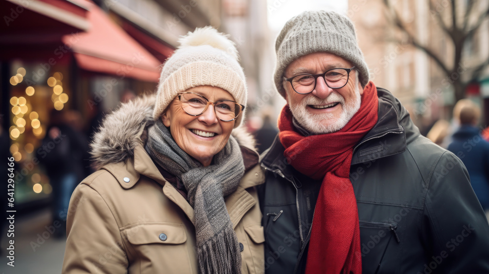 Happy retired man and woman in warm clothing walking outdoors on