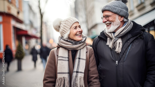 Happy retired man and woman in warm clothing walking outdoors on