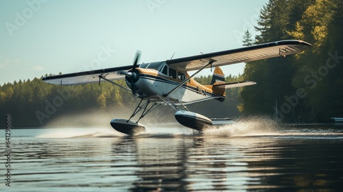 Seaplane taking off from water made with Ai generative technology, property is fictional photo