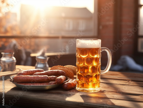still life with glass of beer and fried sausage