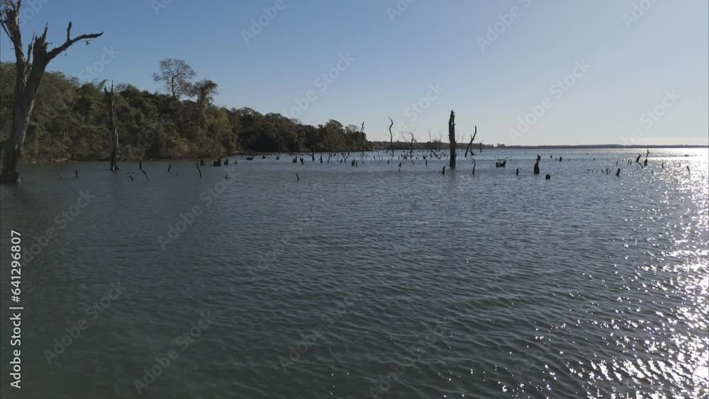 Flight over the flooded coast of the river Parana. Flight over the flooded coast of the river Parana.