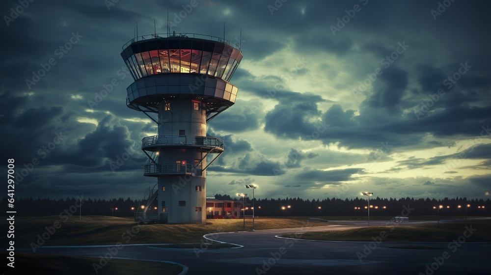 Air traffic control tower made with Ai generative technology, Property is fictional - obrazy, fototapety, plakaty 