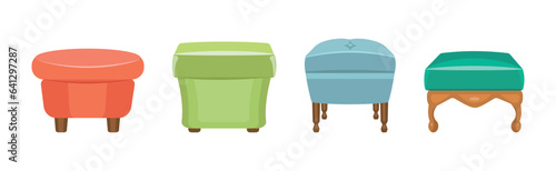 Pouf and Upholstered Ottoman with Wooden Legs Vector Set