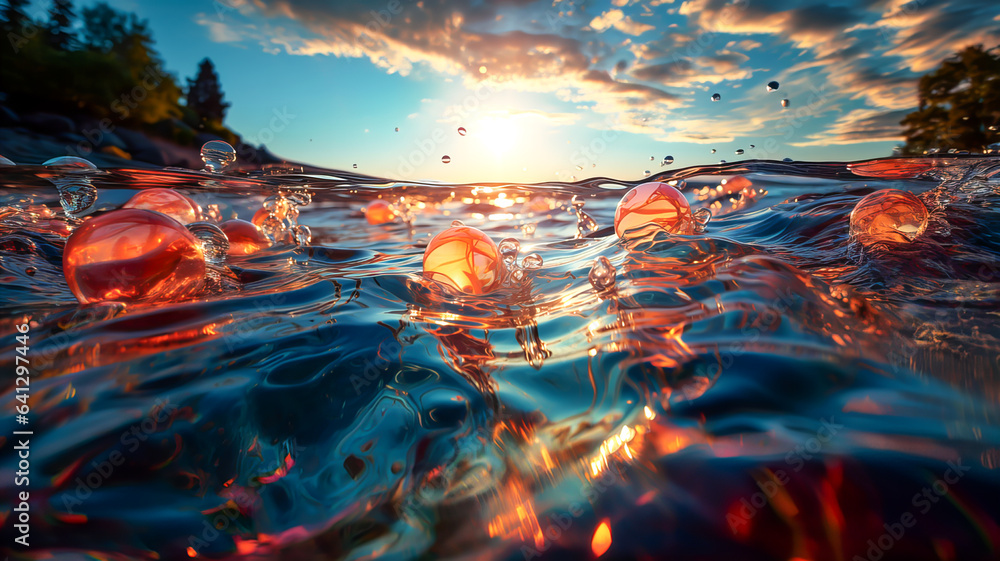 Transparent soap bubbles on the clear blue water of the sea or other body of water, illuminated by the rays of the evening sun. Generative AI technology.